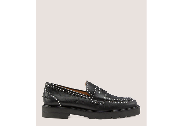 Stuart Weitzman,Parker Lift Mini Pearl Loafer,Loafer,Leather,Black,Front View