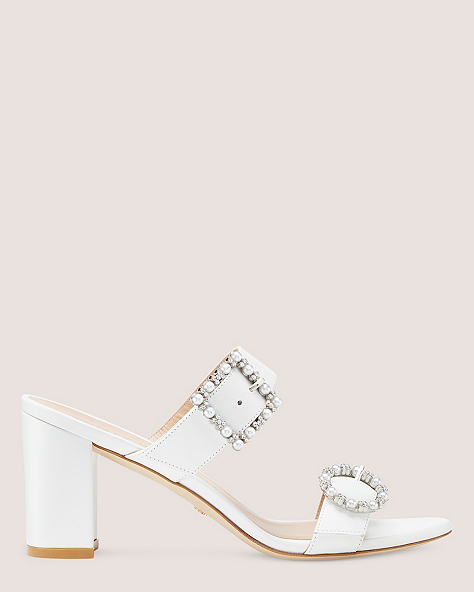 Stuart Weitzman,Pearl Geo Buckle 75 Slide,Slide,Lacquered Nappa Leather,White,Front View