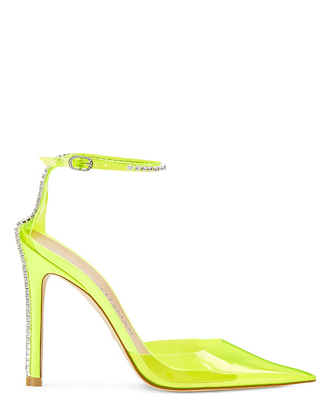 Stuart Weitzman,Stuart Glam 110 Strap Pump,Leather & crystal,Neon Yellow/Neon Yellow/Clear,Front View