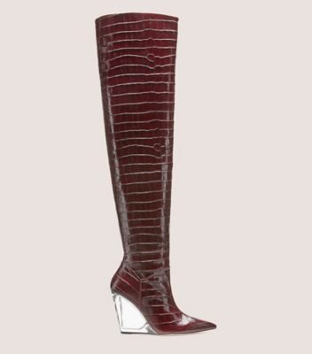 Stuart Weitzman,Lucite 100 Wedge Boot,Boot,Croc embossed leather,Plum,Front View