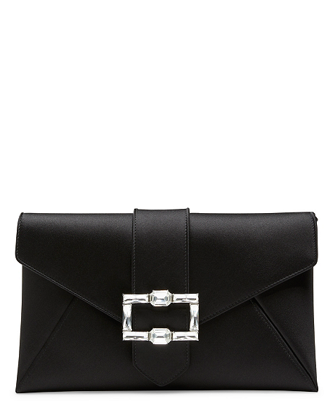 Stuart Weitzman,The Loveletter Shine Buckle Clutch,Clutch,Satin & crystal,Black & Clear,Front View
