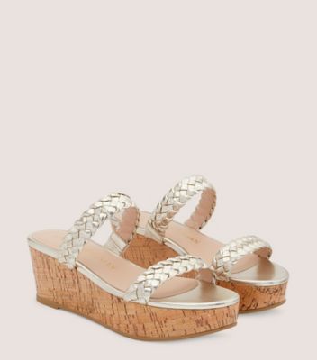 Stuart Weitzman,Aleena Woven Summer Slide Wedge,Slide,Metallic leather & cork,Platino Gold,Angle View