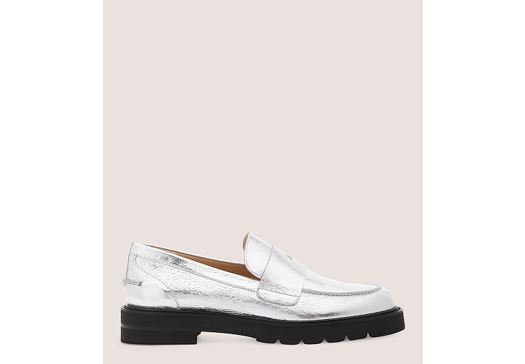 Stuart Weitzman,PARKER LIFT LOAFER,Loafer,Crushed Metallic Leather,Silver,Front View