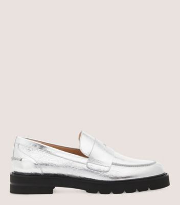 Stuart Weitzman,PARKER LIFT LOAFER,Loafer,Crushed Metallic Leather,Silver,Front View