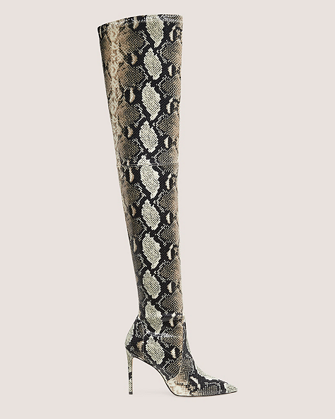 Stuart Weitzman,ULTRASTUART 100 STRETCH BOOT,Boot,Stretch Printed Python Embossed Leather,New Roccia,Front View